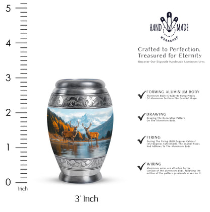 Bright Blue Deer Cremation Urn lifestyle display on memorial shelf - majestic deer pattern with filigree border - mini keepsake memorial for portion of cremation ashes