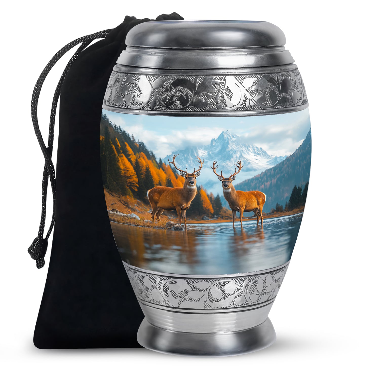 Serene Blue Deer Cremation Urn back view with polished surface - majestic deer pattern with filigree border - full-size 10 inch 200 cubic inch adult cremation urn