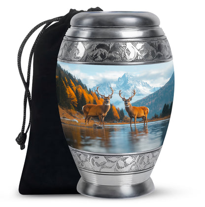 Serene Blue Deer Cremation Urn back view with polished surface - majestic deer pattern with filigree border - full-size 10 inch 200 cubic inch adult cremation urn