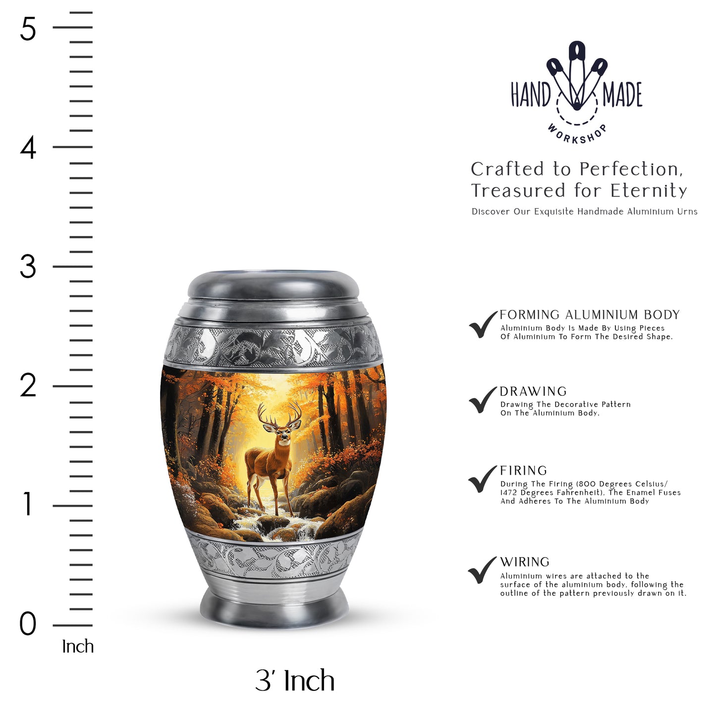 Warm Gold Deer Cremation Urn lifestyle display on memorial shelf - majestic deer pattern with filigree border - mini keepsake memorial for portion of cremation ashes