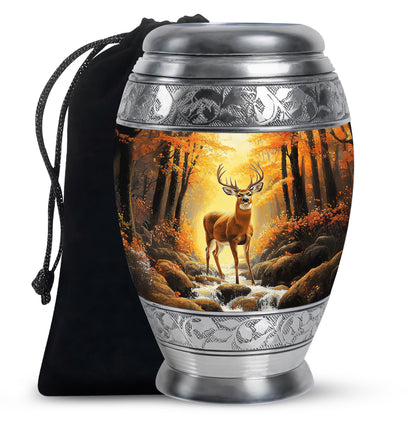 Amber Gold Deer Cremation Urn back view with polished surface - ornate monarch-style deer relief on brushed aluminum - full-size 10 inch 200 cubic inch adult cremation urn