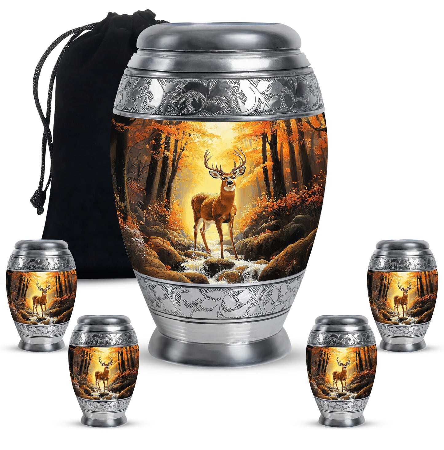 Champagne Gold Deer Cremation Urn detail view - ornate monarch-style deer relief on brushed aluminum - memorial set with one large and four small urns
