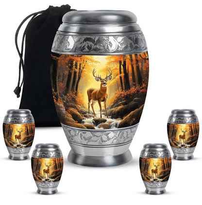 Champagne Gold Deer Cremation Urn detail view - ornate monarch-style deer relief on brushed aluminum - memorial set with one large and four small urns