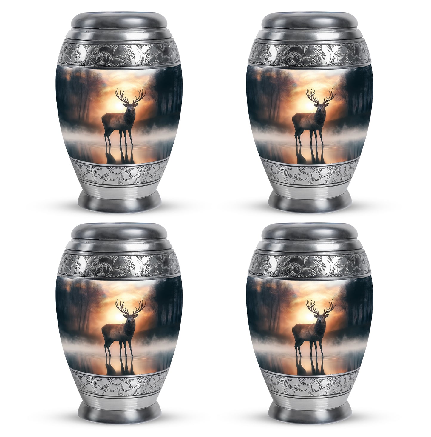 Burnished Gold Deer Cremation Urn urn with complimentary velvet bag - majestic deer pattern with filigree border - 10 inch aluminum urn for cremated remains