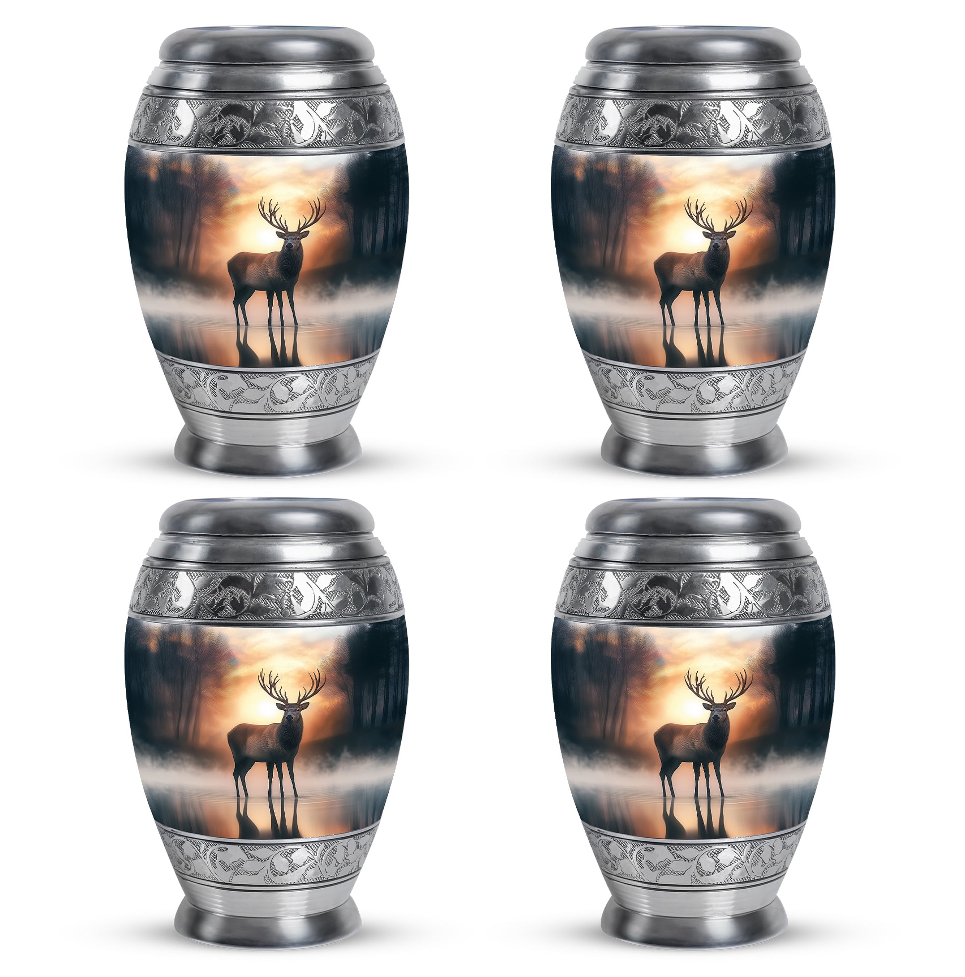 Burnished Gold Deer Cremation Urn urn with complimentary velvet bag - majestic deer pattern with filigree border - 10 inch aluminum urn for cremated remains