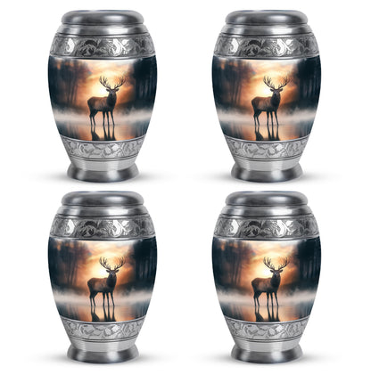 Burnished Gold Deer Cremation Urn urn with complimentary velvet bag - majestic deer pattern with filigree border - 10 inch aluminum urn for cremated remains