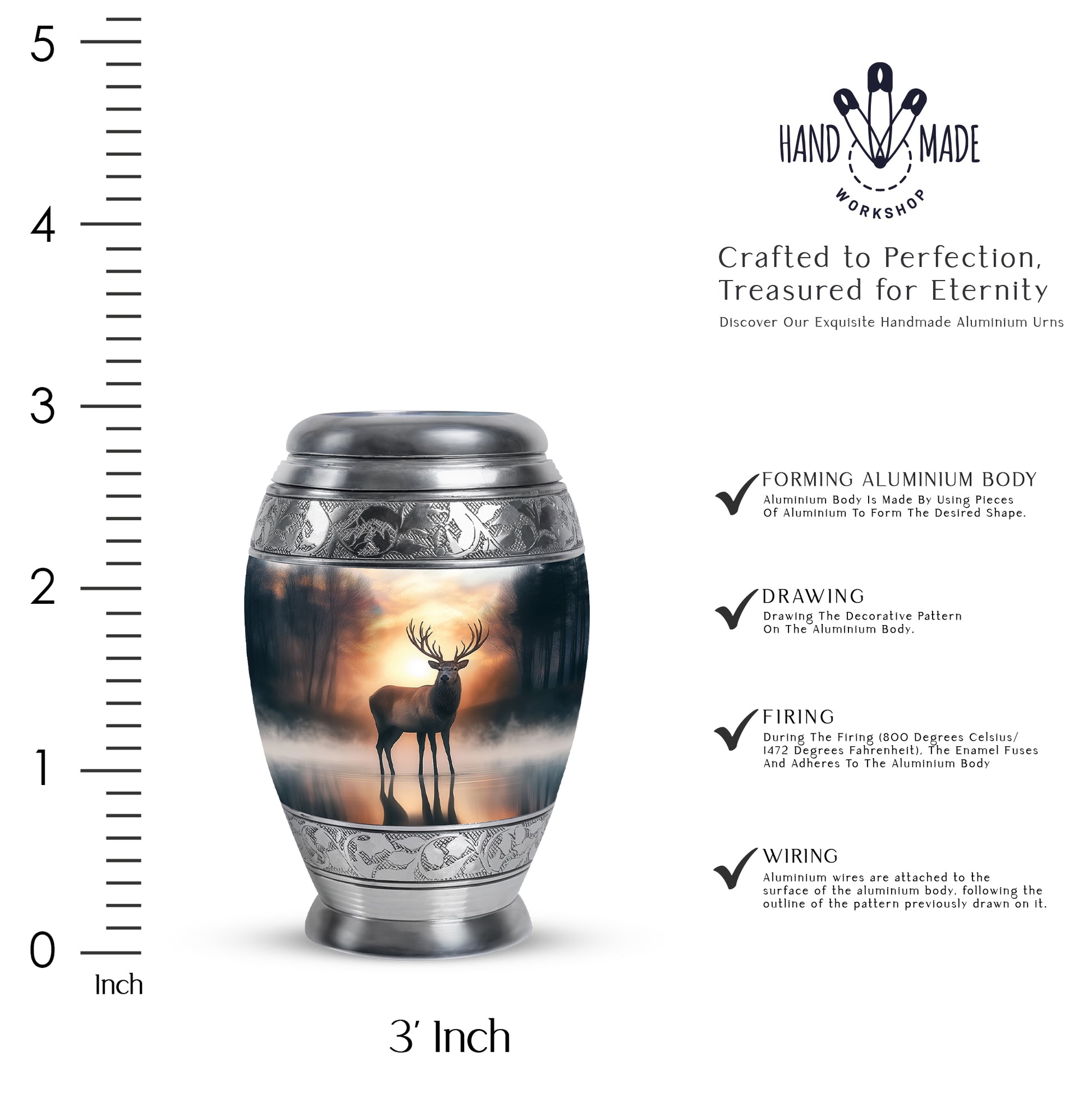 Sunrise Gold Deer Cremation Urn lifestyle display on memorial shelf - ornate monarch-style deer relief on brushed aluminum - mini keepsake memorial for portion of cremation ashes