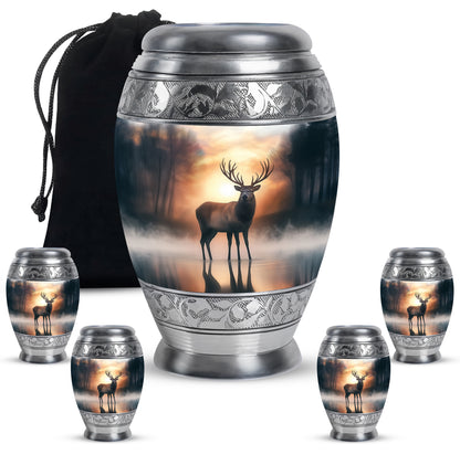 Champagne Gold Deer Cremation Urn detail view - regal deer design with crown-inspired accents - memorial set with one large and four small urns
