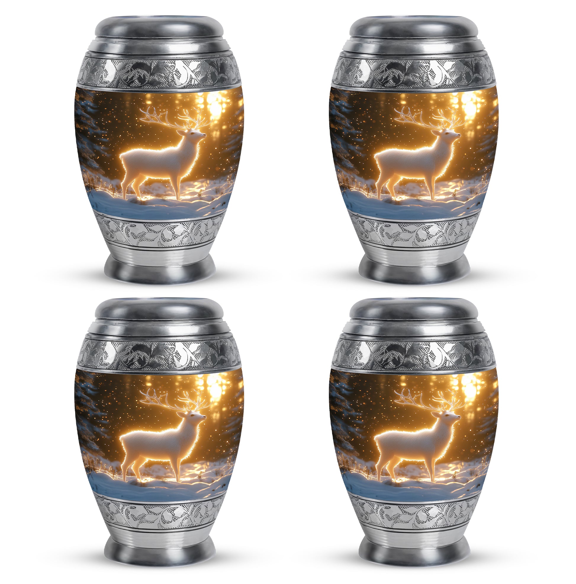 Sunrise Gold Deer Cremation Urn urn with complimentary velvet bag - ornate monarch-style deer relief on brushed aluminum - 10 inch aluminum urn for cremated remains