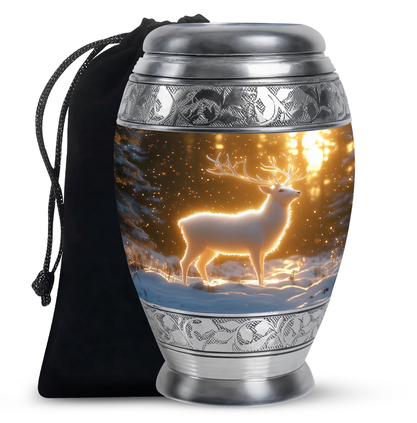 Sunrise Gold Deer Cremation Urn back view with polished surface - ornate monarch-style deer relief on brushed aluminum - full-size 10 inch 200 cubic inch adult cremation urn