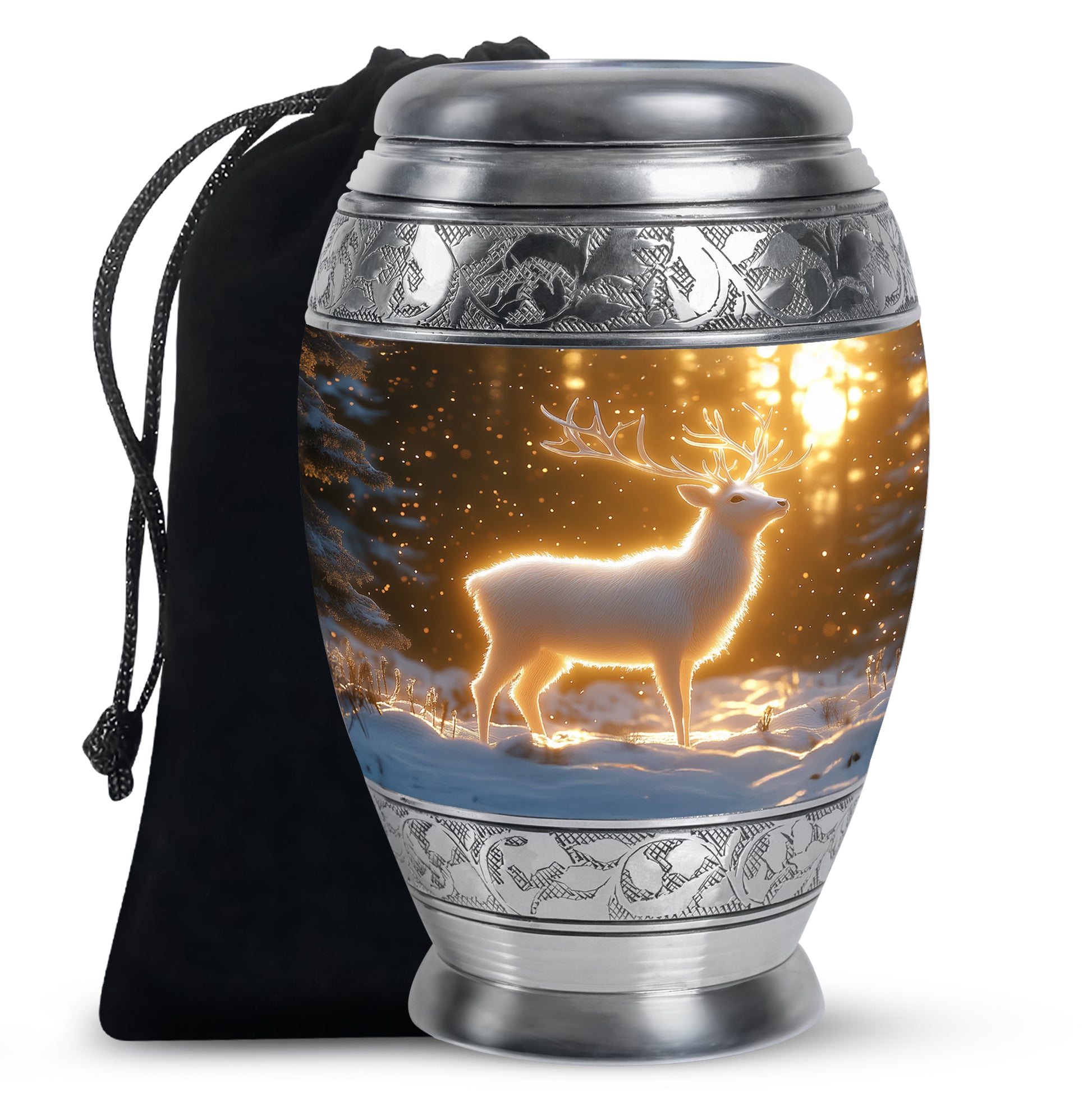 Sunrise Gold Deer Cremation Urn back view with polished surface - ornate monarch-style deer relief on brushed aluminum - full-size 10 inch 200 cubic inch adult cremation urn