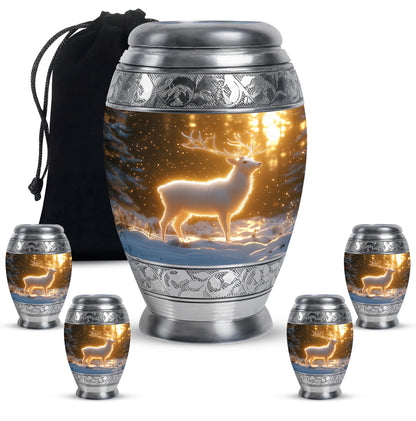 Champagne Gold Deer Cremation Urn detail view - regal deer design with crown-inspired accents - memorial set with one large and four small urns