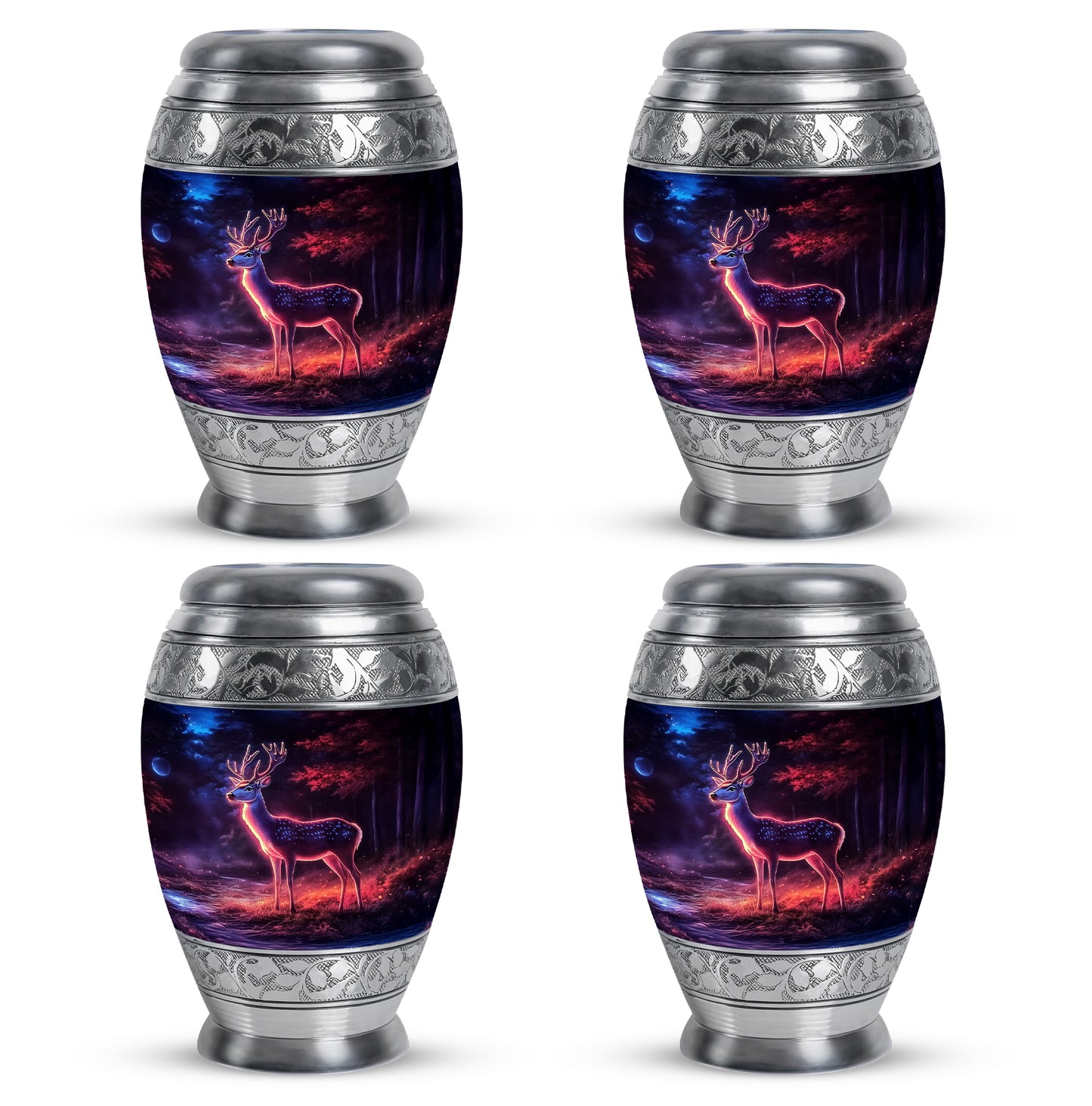 Dark Black Deer Cremation Urn urn with complimentary velvet bag - majestic deer pattern with filigree border - 10 inch aluminum urn for cremated remains