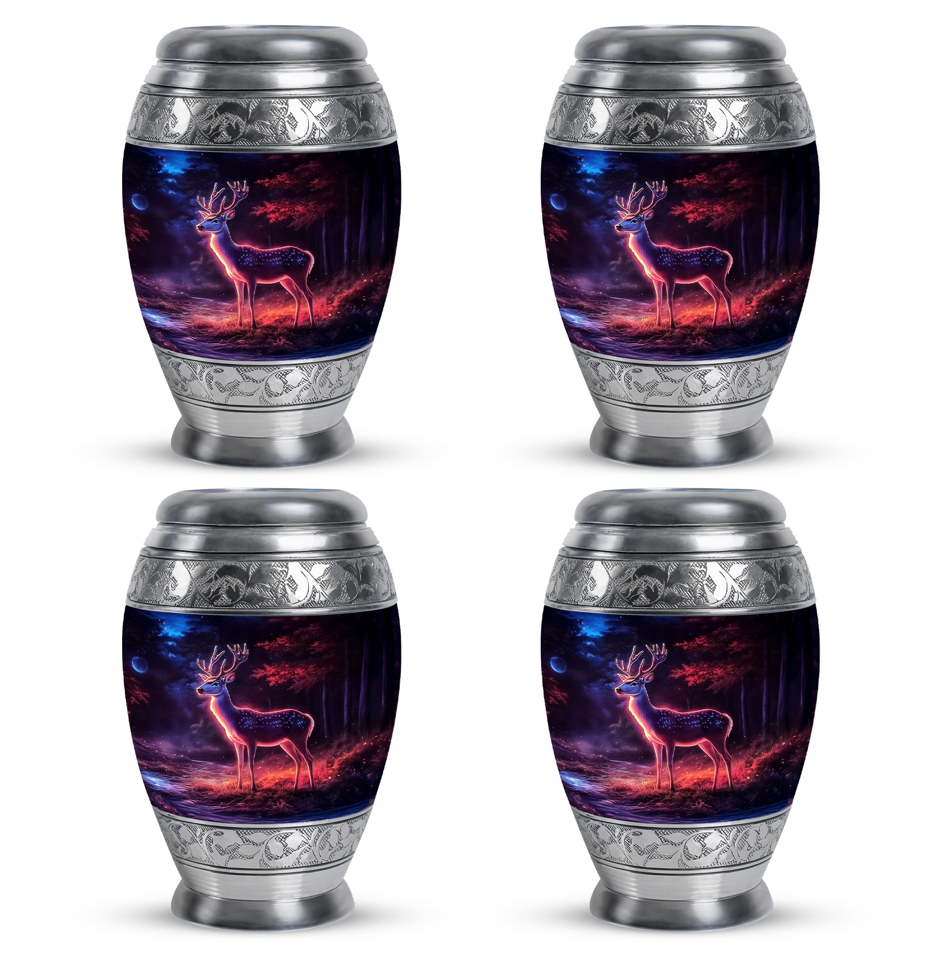 Dark Black Deer Cremation Urn urn with complimentary velvet bag - majestic deer pattern with filigree border - 10 inch aluminum urn for cremated remains