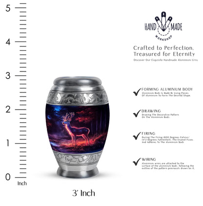Glossy Black Deer Cremation Urn lifestyle display on memorial shelf - regal deer design with crown-inspired accents - mini keepsake memorial for portion of cremation ashes