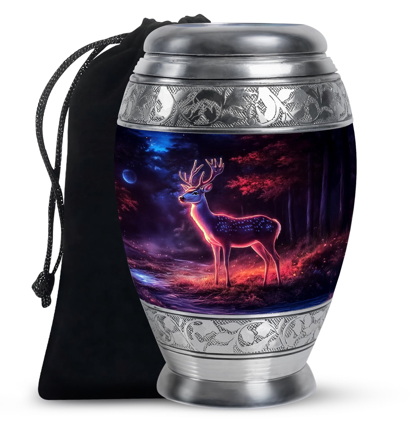Ebony Deer Cremation Urn back view with polished surface - ornate monarch-style deer relief on brushed aluminum - full-size 10 inch 200 cubic inch adult cremation urn