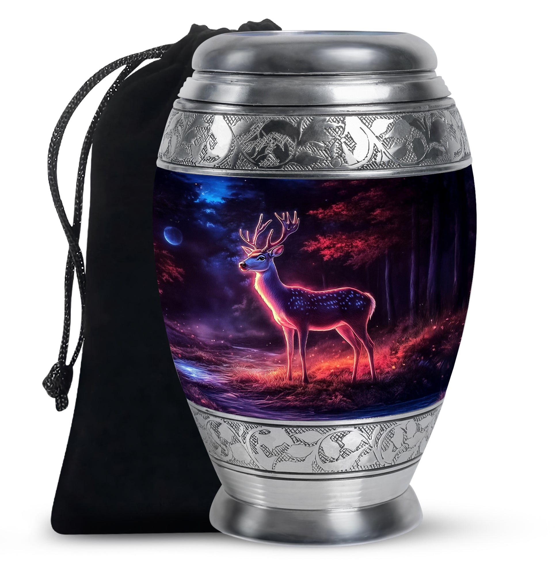 Ebony Deer Cremation Urn back view with polished surface - ornate monarch-style deer relief on brushed aluminum - full-size 10 inch 200 cubic inch adult cremation urn