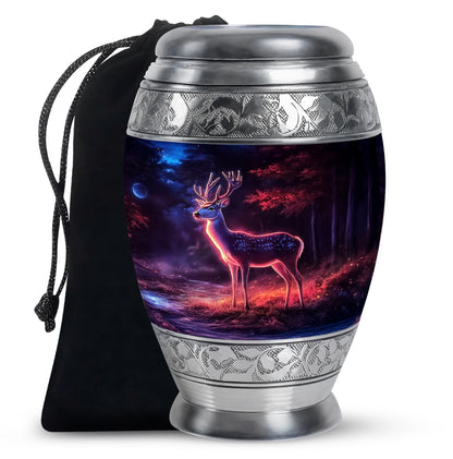Ebony Deer Cremation Urn back view with polished surface - ornate monarch-style deer relief on brushed aluminum - full-size 10 inch 200 cubic inch adult cremation urn