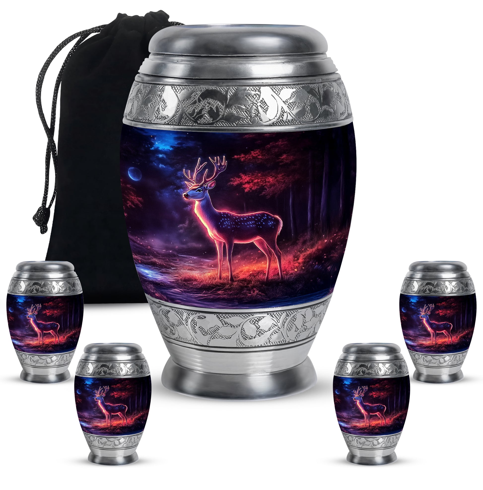 Ebony Deer Cremation Urn detail view - ornate monarch-style deer relief on brushed aluminum - memorial set with one large and four small urns