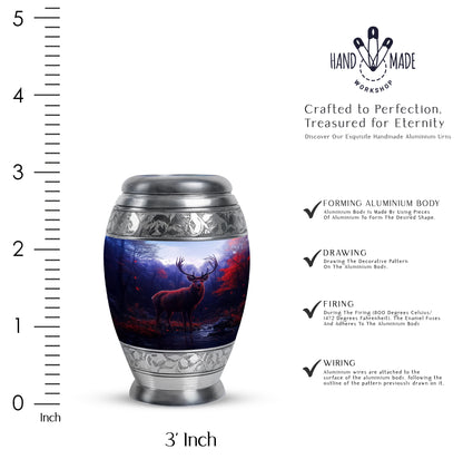 Powder Blue Deer Cremation Urn lifestyle display on memorial shelf - regal deer design with crown-inspired accents - mini keepsake memorial for portion of cremation ashes