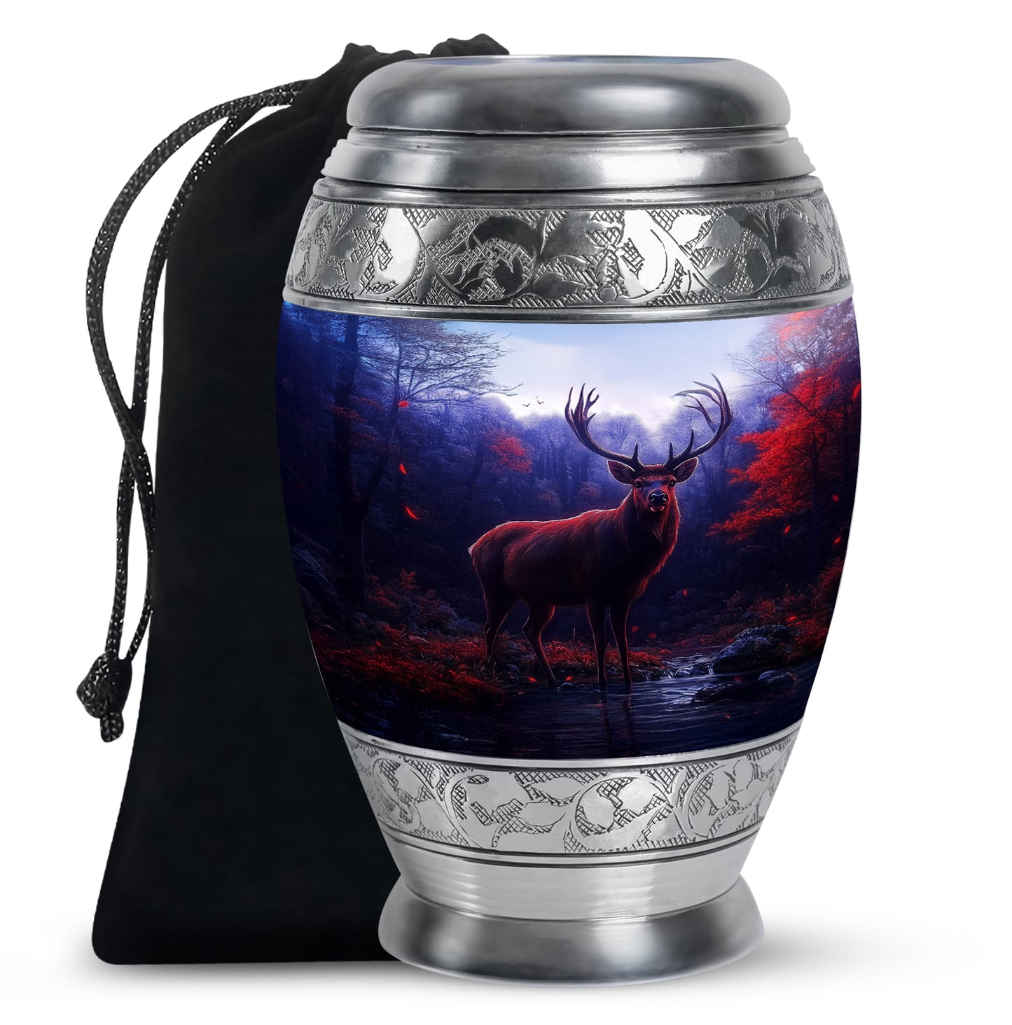 Cobalt Blue Deer Cremation Urn back view with polished surface - royal deer engraving with decorative scrollwork - full-size 10 inch 200 cubic inch adult cremation urn