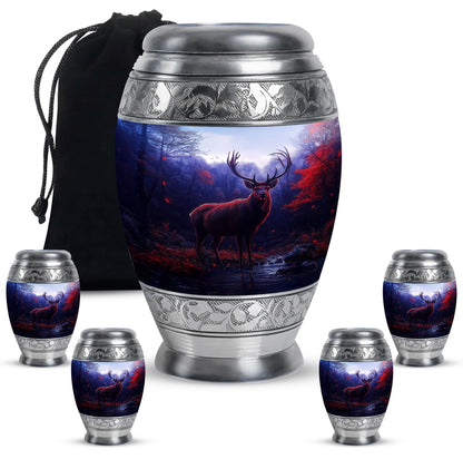 Serene Blue Deer Cremation Urn detail view - majestic deer pattern with filigree border - memorial set with one large and four small urns