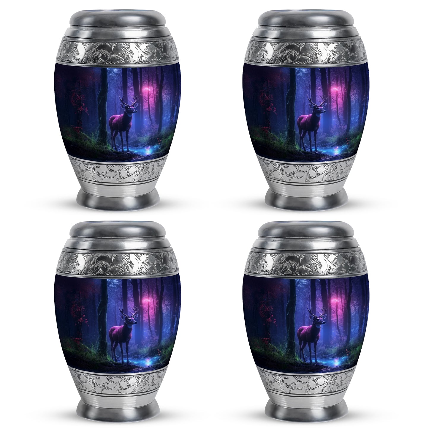 Steel Blue Deer Cremation Urn urn with complimentary velvet bag - royal deer engraving with decorative scrollwork - 10 inch aluminum urn for cremated remains