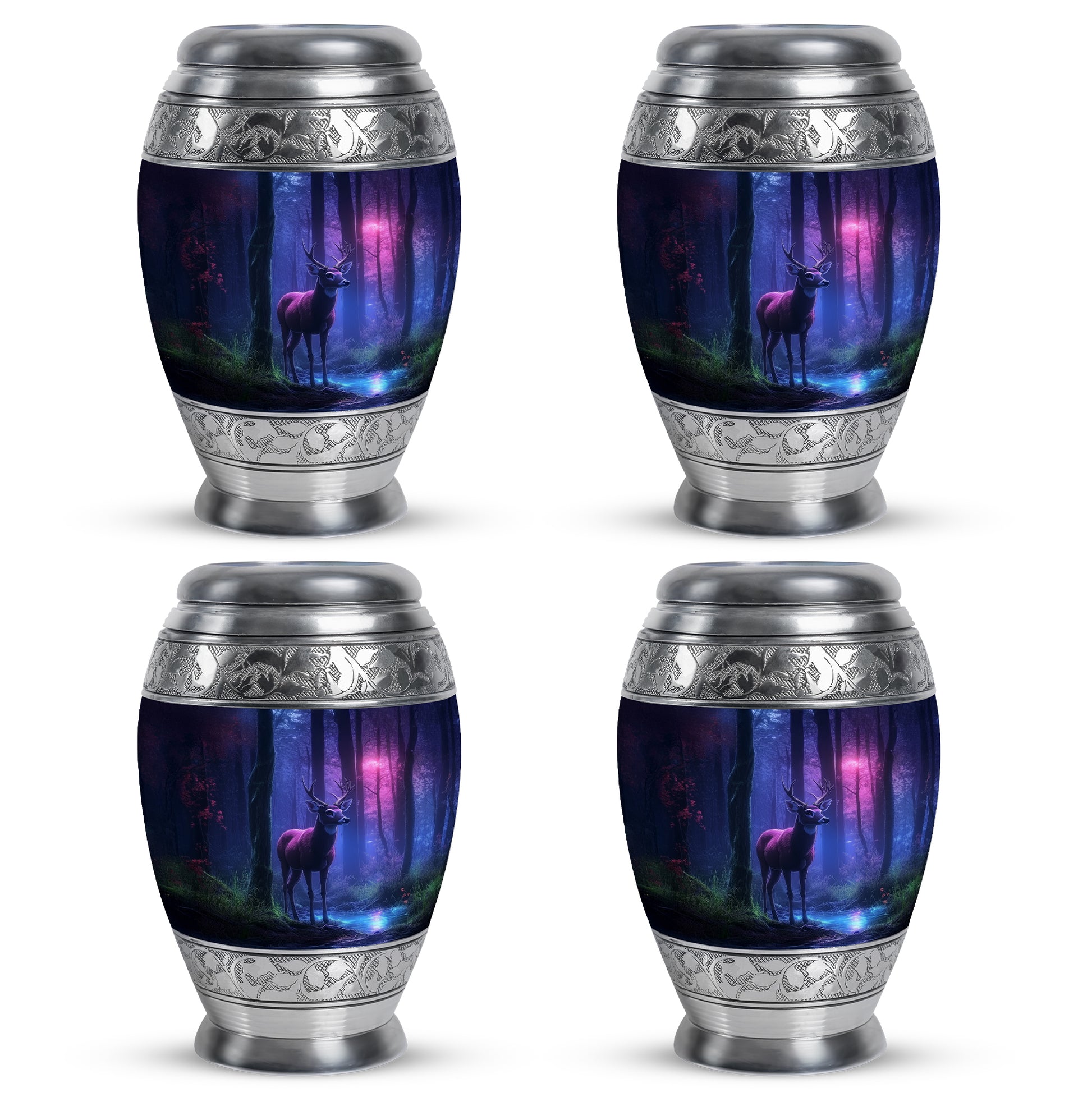Steel Blue Deer Cremation Urn urn with complimentary velvet bag - royal deer engraving with decorative scrollwork - 10 inch aluminum urn for cremated remains
