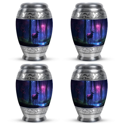 Steel Blue Deer Cremation Urn urn with complimentary velvet bag - royal deer engraving with decorative scrollwork - 10 inch aluminum urn for cremated remains