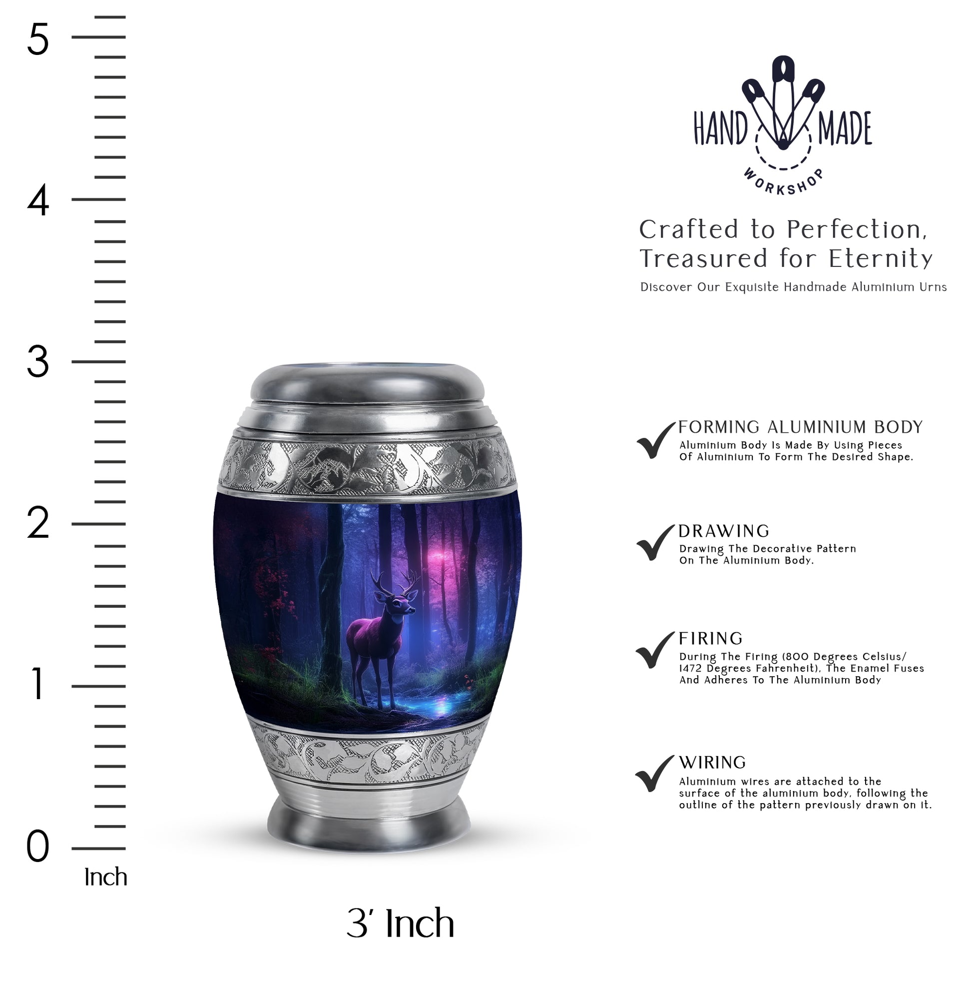 Cornflower Blue Deer Cremation Urn lifestyle display on memorial shelf - royal deer engraving with decorative scrollwork - mini keepsake memorial for portion of cremation ashes