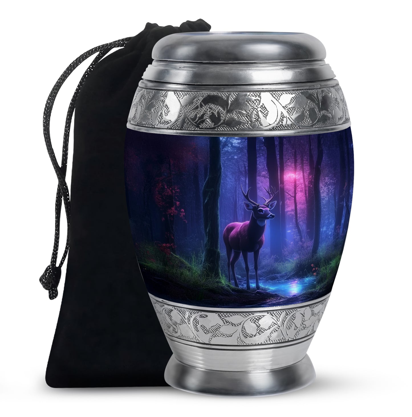 Slate Blue Deer Cremation Urn back view with polished surface - ornate monarch-style deer relief on brushed aluminum - full-size 10 inch 200 cubic inch adult cremation urn