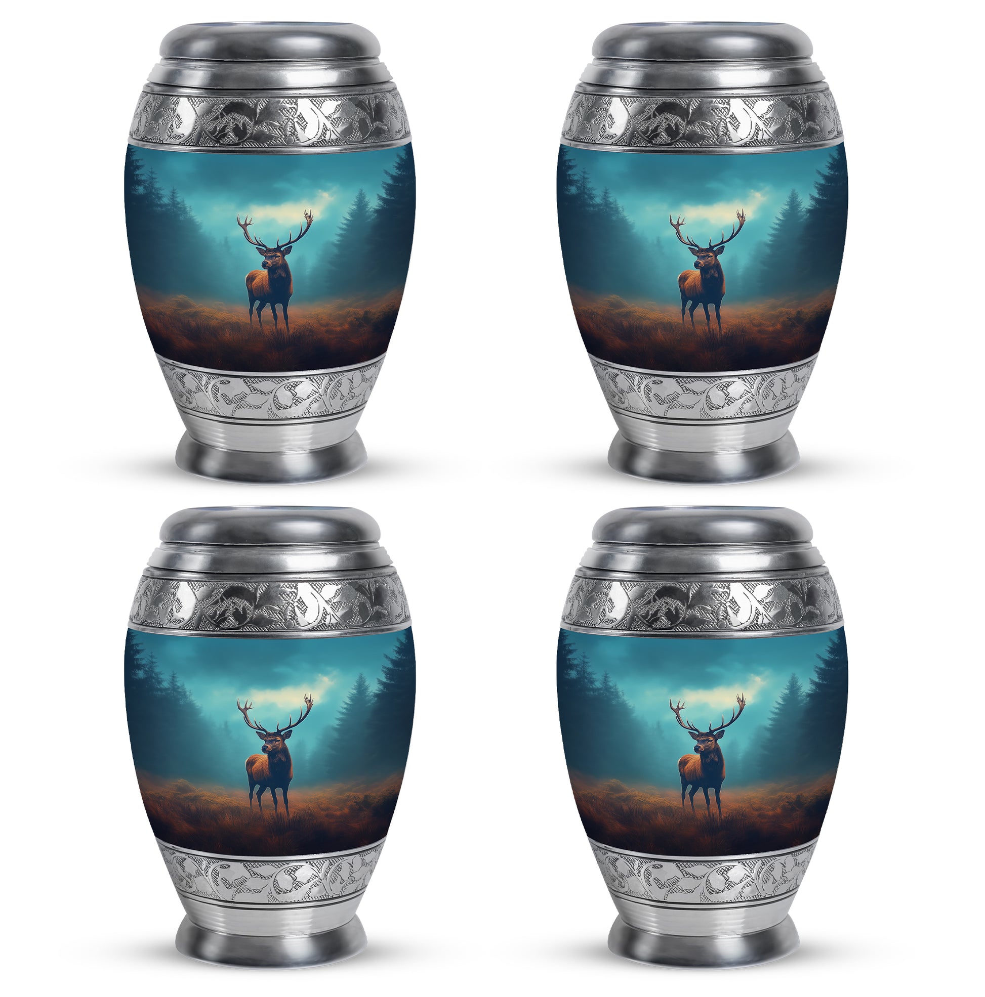 Cool Teal Deer Cremation Urn urn with complimentary velvet bag - regal deer design with crown-inspired accents - 10 inch aluminum urn for cremated remains