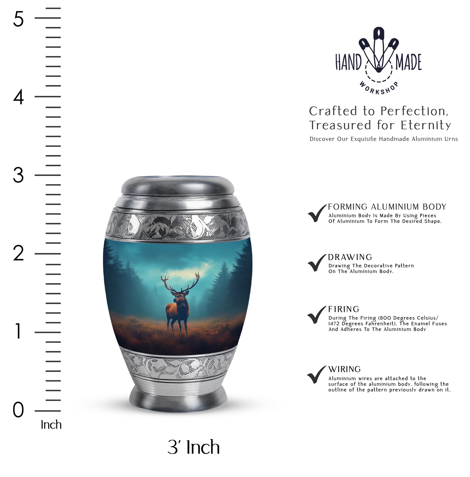 Soft Teal Deer Cremation Urn lifestyle display on memorial shelf - regal deer design with crown-inspired accents - mini keepsake memorial for portion of cremation ashes