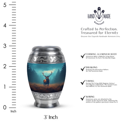 Soft Teal Deer Cremation Urn lifestyle display on memorial shelf - regal deer design with crown-inspired accents - mini keepsake memorial for portion of cremation ashes