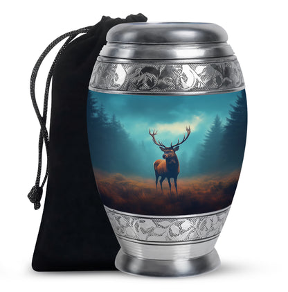 Tropical Teal Deer Cremation Urn back view with polished surface - royal deer engraving with decorative scrollwork - full-size 10 inch 200 cubic inch adult cremation urn