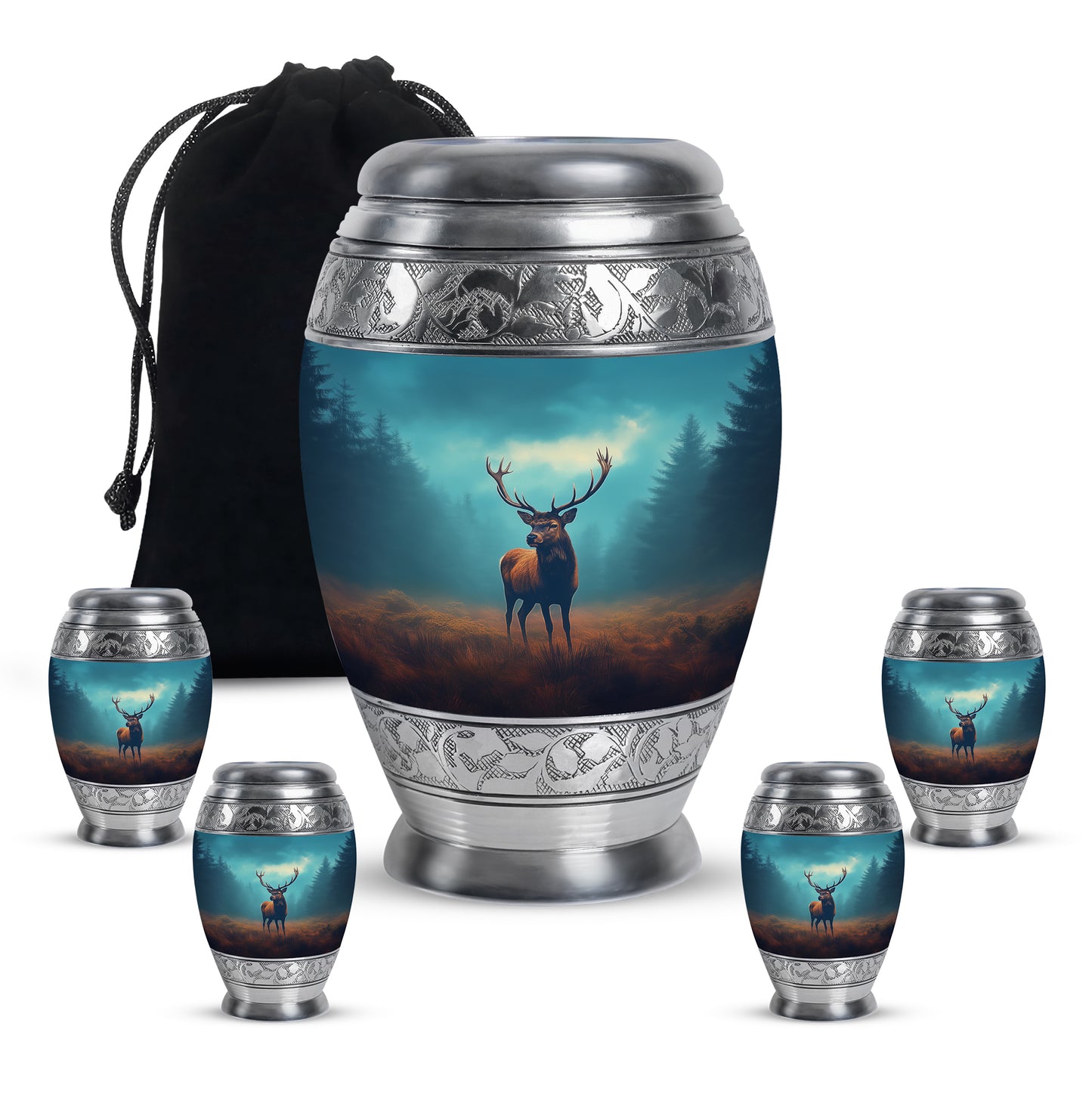 Ocean Teal Deer Cremation Urn detail view - regal deer design with crown-inspired accents - memorial set with one large and four small urns