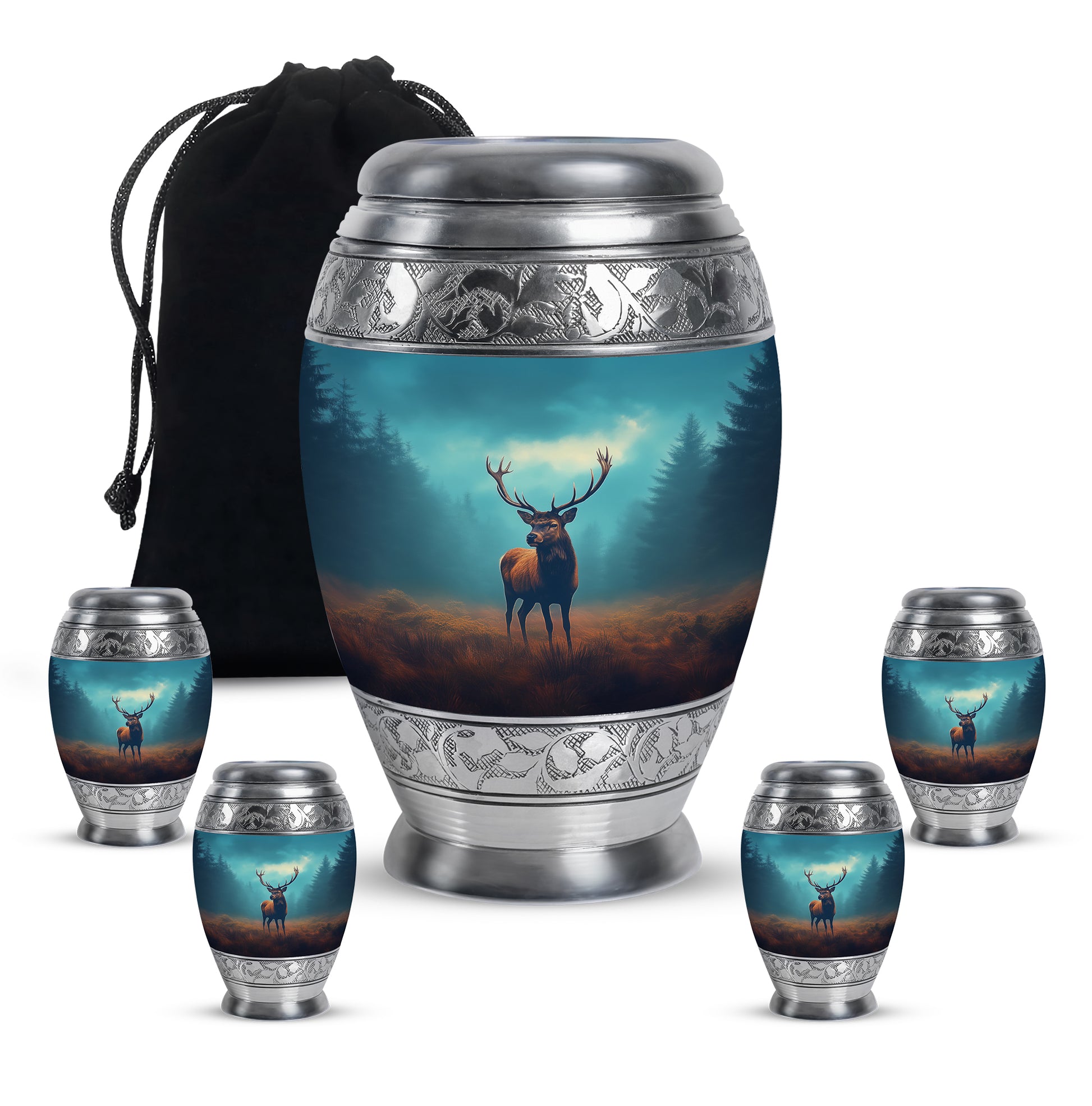 Ocean Teal Deer Cremation Urn detail view - regal deer design with crown-inspired accents - memorial set with one large and four small urns