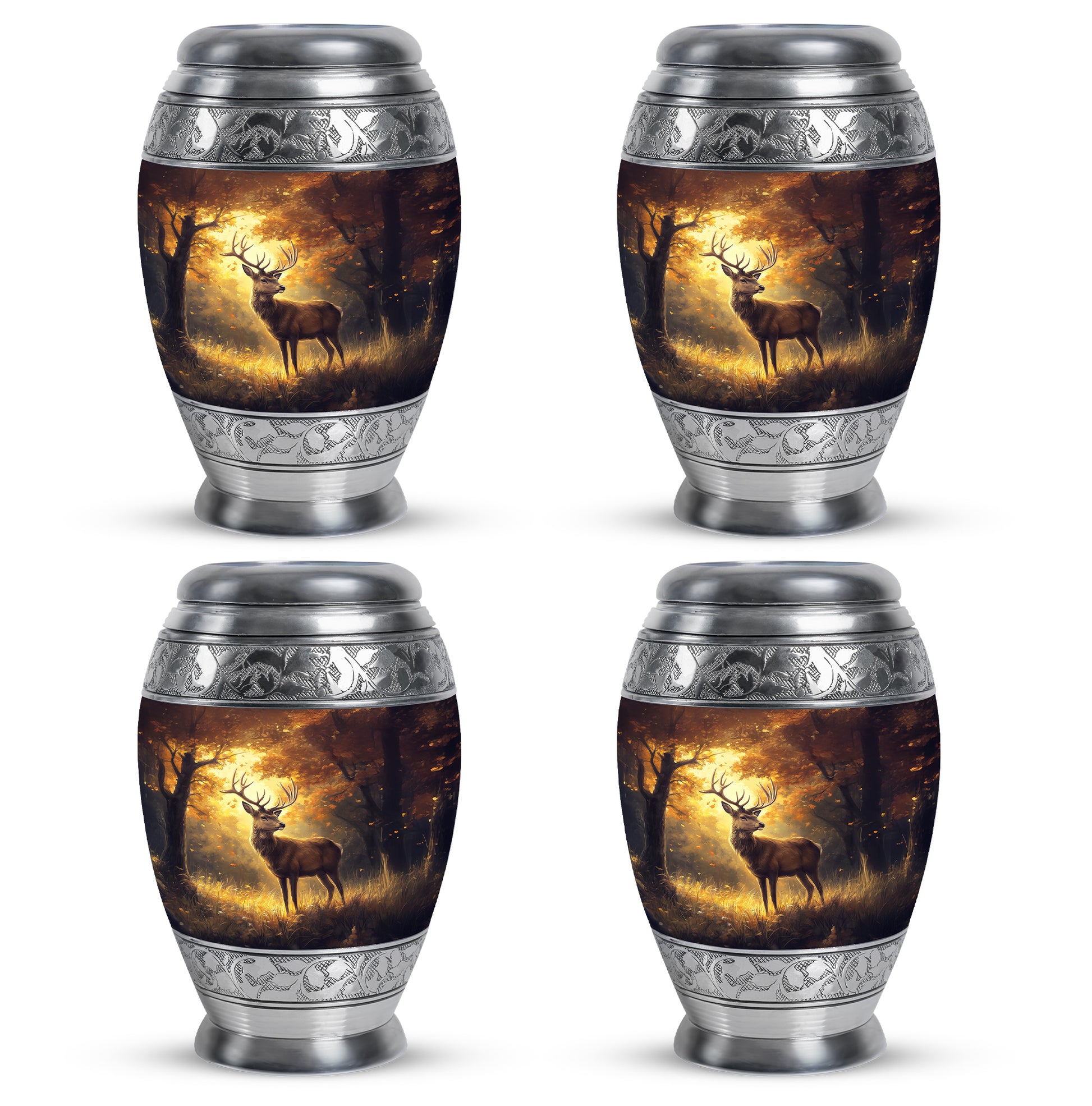 Champagne Gold Deer Cremation Urn urn with complimentary velvet bag - ornate monarch-style deer relief on brushed aluminum - 10 inch aluminum urn for cremated remains