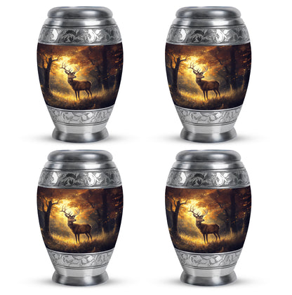 Champagne Gold Deer Cremation Urn urn with complimentary velvet bag - ornate monarch-style deer relief on brushed aluminum - 10 inch aluminum urn for cremated remains