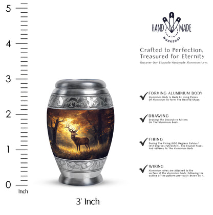 Royal Gold Deer Cremation Urn lifestyle display on memorial shelf - royal deer engraving with decorative scrollwork - mini keepsake memorial for portion of cremation ashes