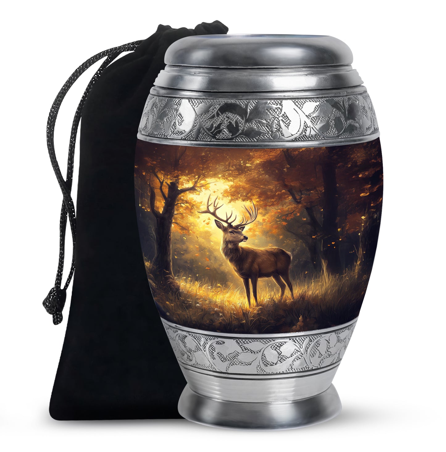 Warm Gold Deer Cremation Urn back view with polished surface - royal deer engraving with decorative scrollwork - full-size 10 inch 200 cubic inch adult cremation urn