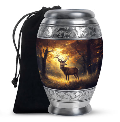 Warm Gold Deer Cremation Urn back view with polished surface - royal deer engraving with decorative scrollwork - full-size 10 inch 200 cubic inch adult cremation urn