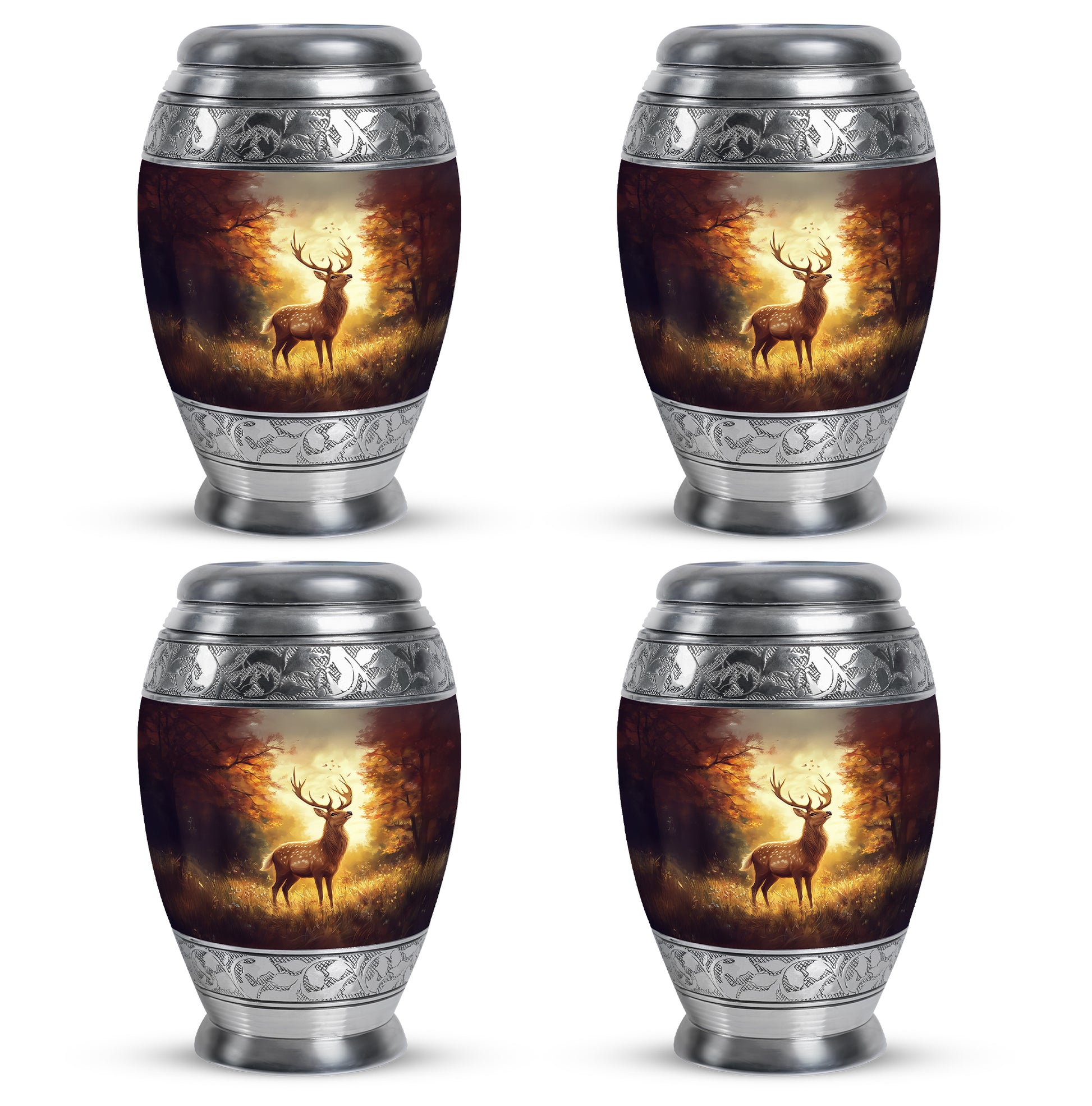 Deep Red Deer Cremation Urn urn with complimentary velvet bag - regal deer design with crown-inspired accents - 10 inch aluminum urn for cremated remains