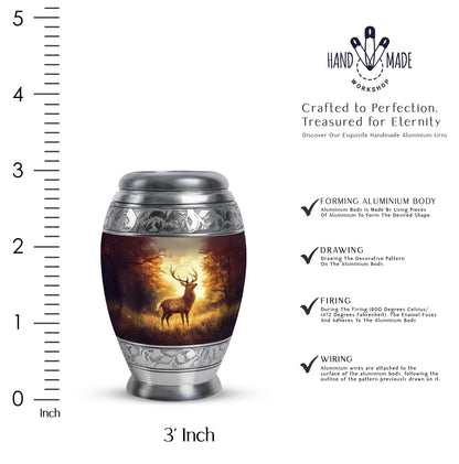 Crimson Red Deer Cremation Urn lifestyle display on memorial shelf - regal deer design with crown-inspired accents - mini keepsake memorial for portion of cremation ashes
