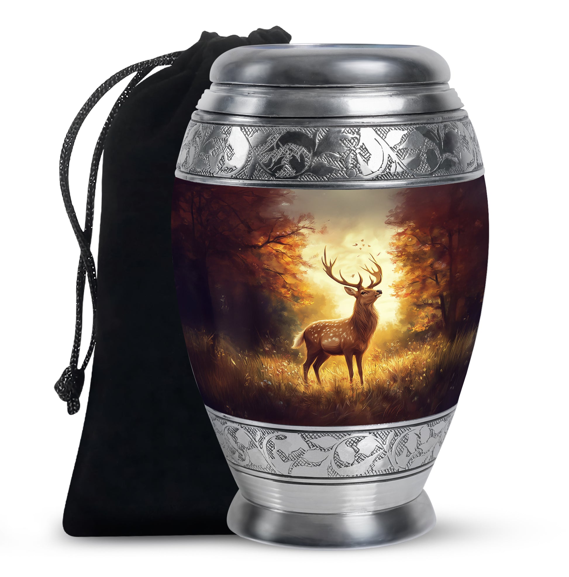 Garnet Red Deer Cremation Urn back view with polished surface - regal deer design with crown-inspired accents - full-size 10 inch 200 cubic inch adult cremation urn