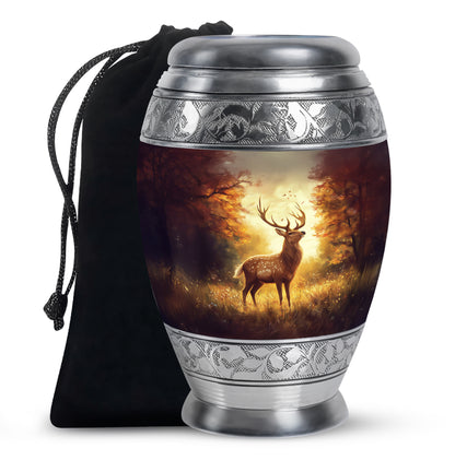 Garnet Red Deer Cremation Urn back view with polished surface - regal deer design with crown-inspired accents - full-size 10 inch 200 cubic inch adult cremation urn