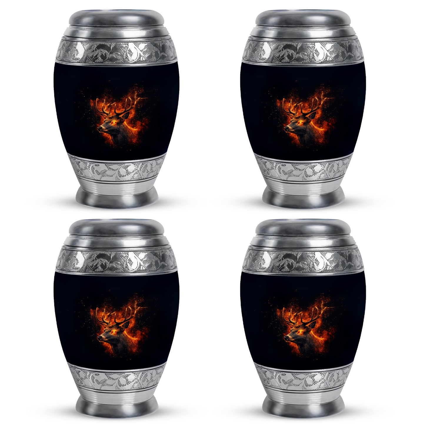 Dark Black Deer Cremation Urn urn with complimentary velvet bag - majestic deer pattern with filigree border - 10 inch aluminum urn for cremated remains