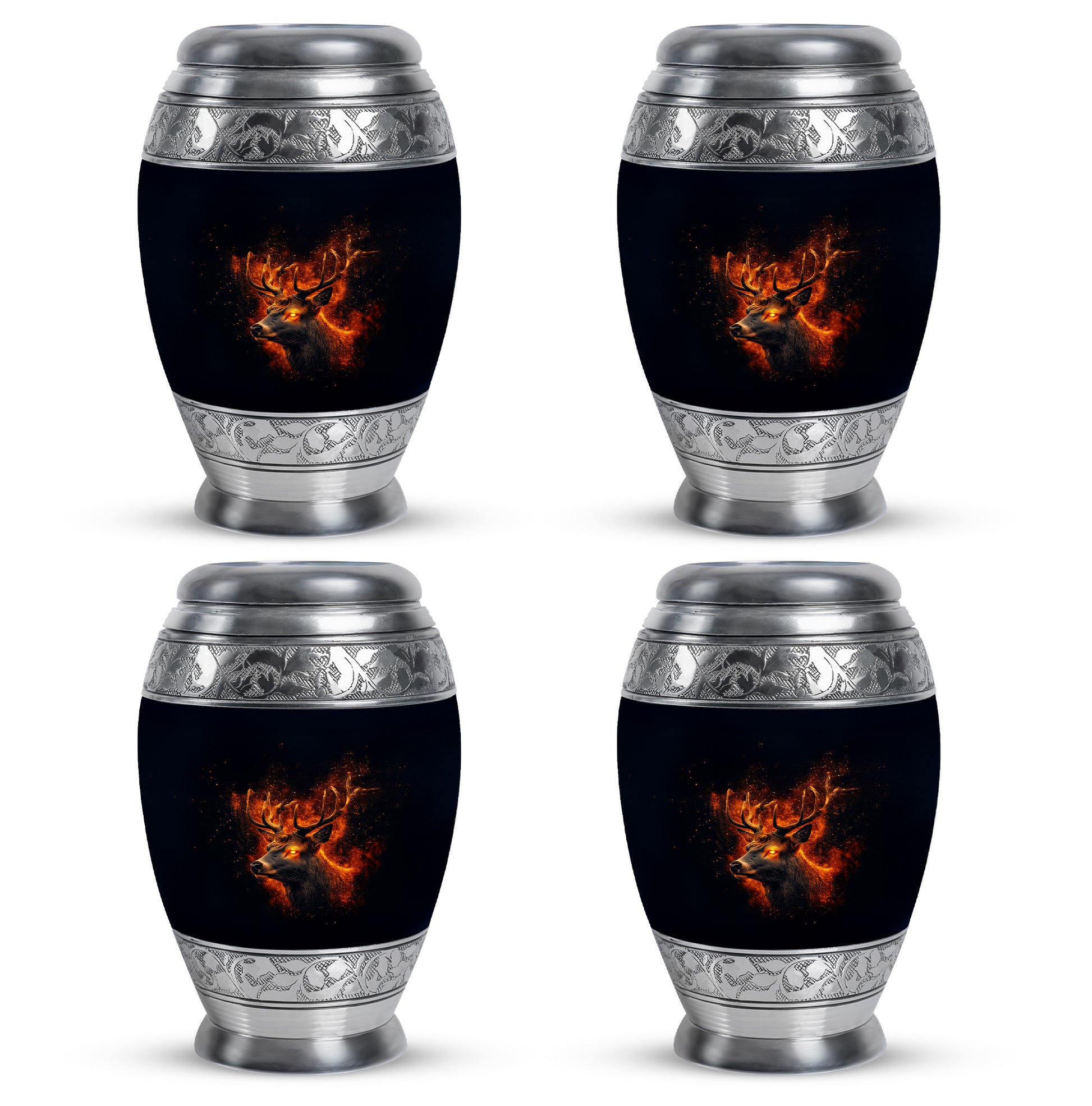 Dark Black Deer Cremation Urn urn with complimentary velvet bag - majestic deer pattern with filigree border - 10 inch aluminum urn for cremated remains