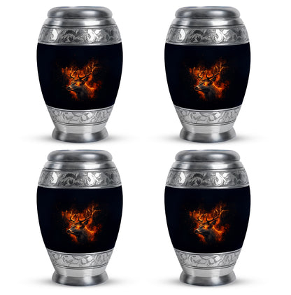 Dark Black Deer Cremation Urn urn with complimentary velvet bag - majestic deer pattern with filigree border - 10 inch aluminum urn for cremated remains