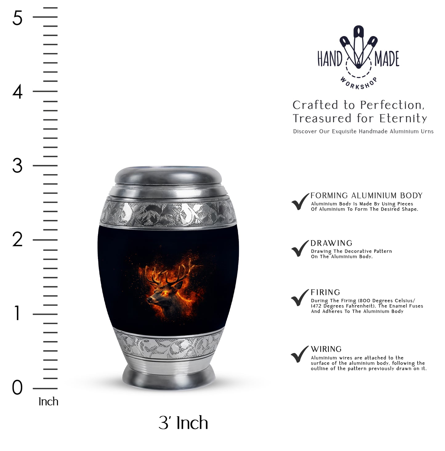 Rich Black Deer Cremation Urn lifestyle display on memorial shelf - ornate monarch-style deer relief on brushed aluminum - mini keepsake memorial for portion of cremation ashes